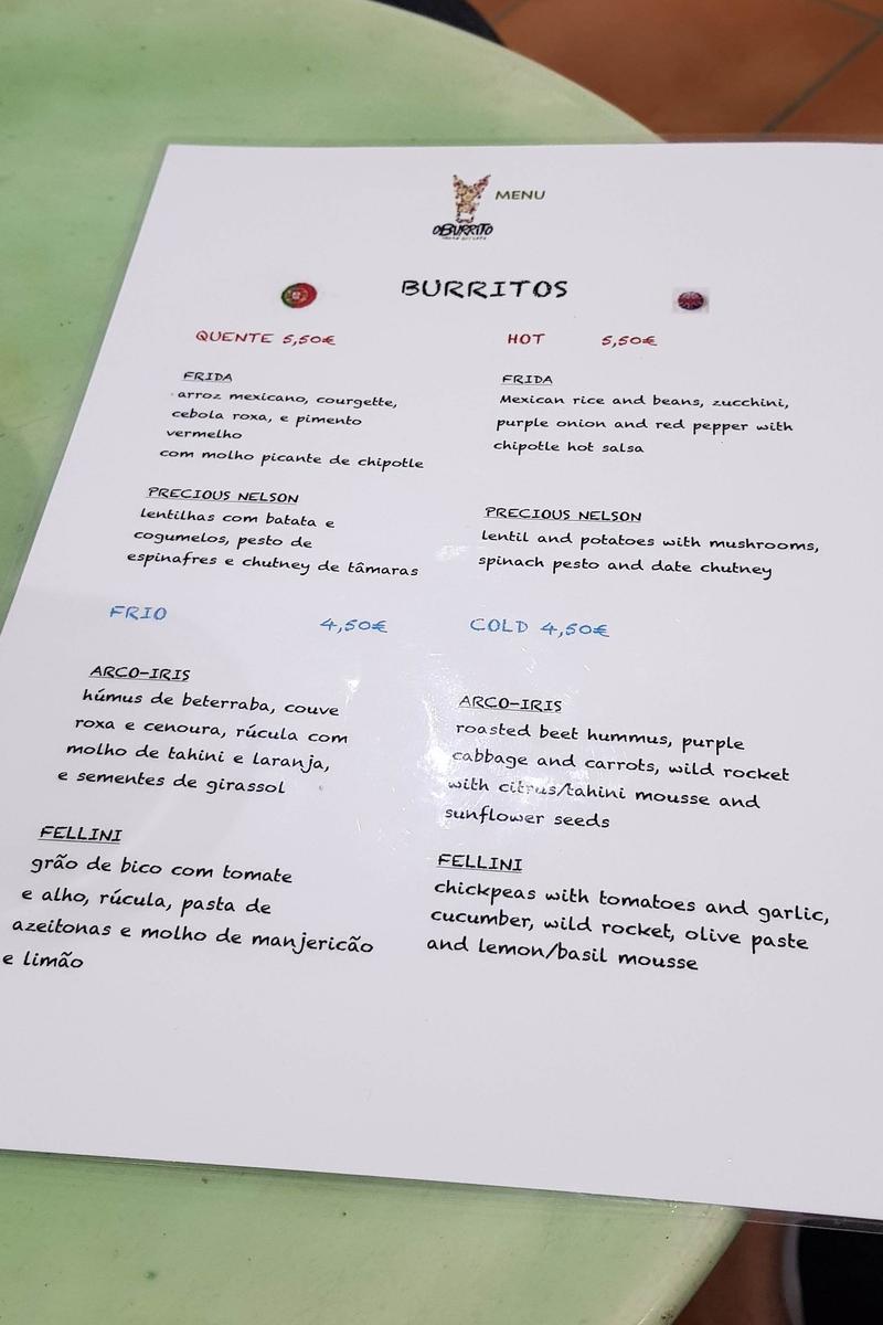 O Burrito menu